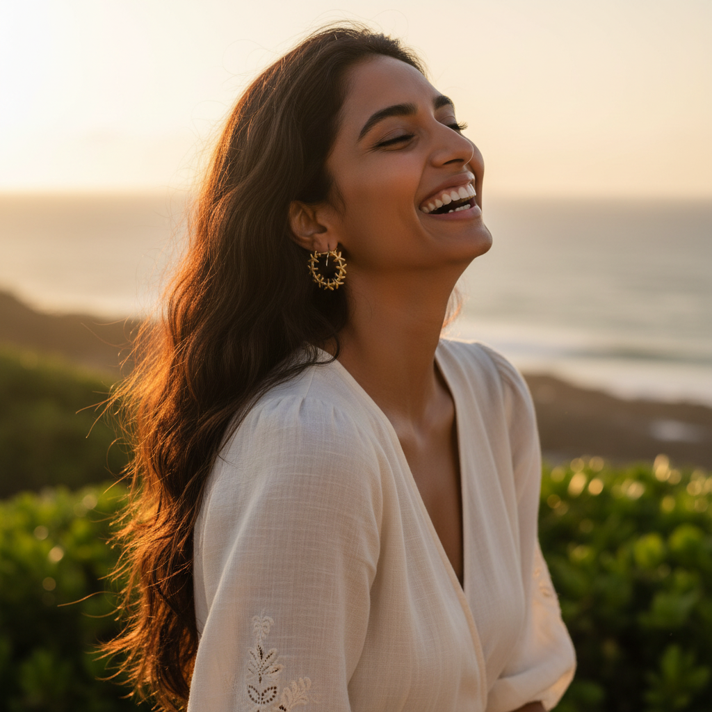 Candid lifestyle shot of Starfish Hoop Earrings — skin-safe gold earrings India — SIOBHÁN