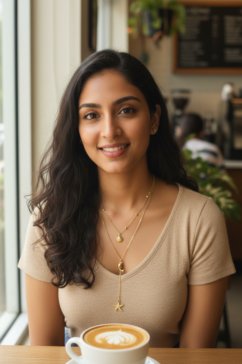 Mermaid Layered Necklace casual café shot — skin-safe gold necklace India — SIOBHÁN