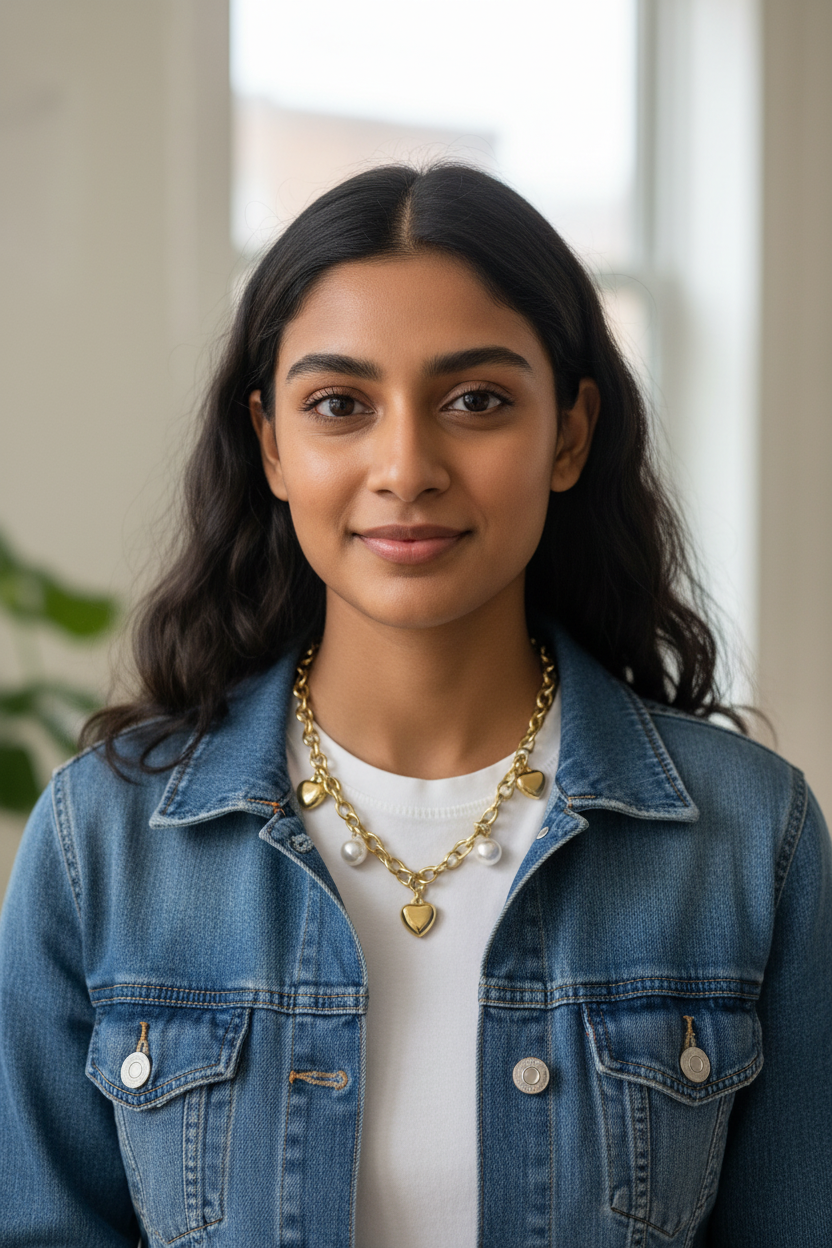 Golden Heart & Pearl Charm Necklace casual denim portrait — skin-safe gold necklace India — SIOBHÁN