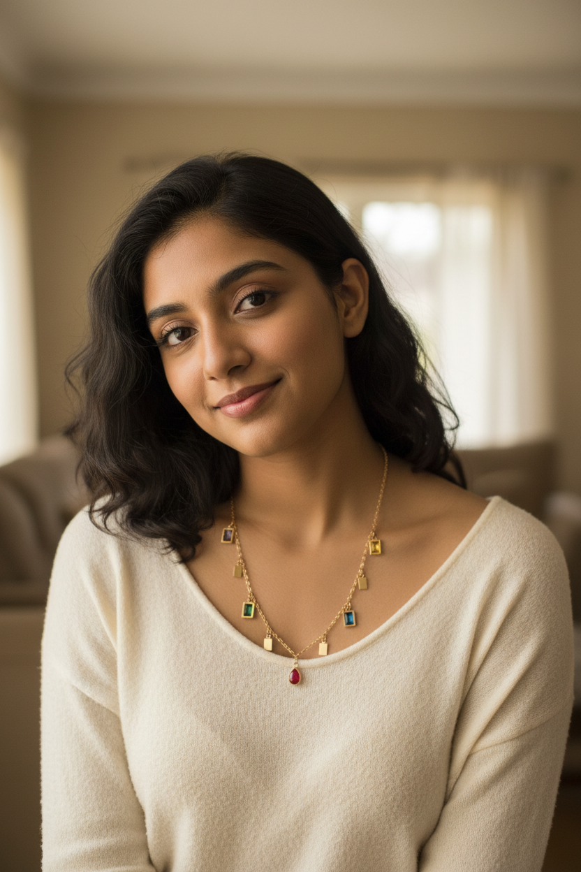 Multicolor Gem Charm Necklace casual portrait colour sequence — skin-safe gold necklace India — SIOBHÁN