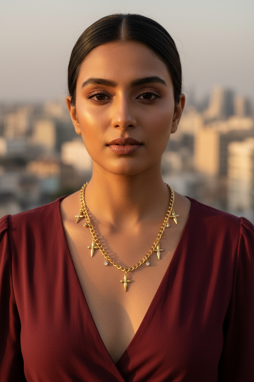 Gold Cross Diamond Studded Necklace rooftop lifestyle shot — anti-tarnish necklace India — SIOBHÁN