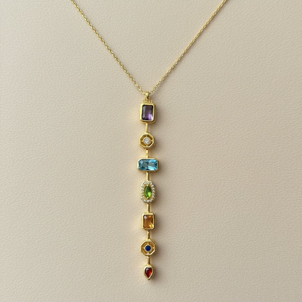 Multi-Gemstone Vertical Pendant Necklace on beige background — anti-tarnish gold necklace India — SIOBHÁN