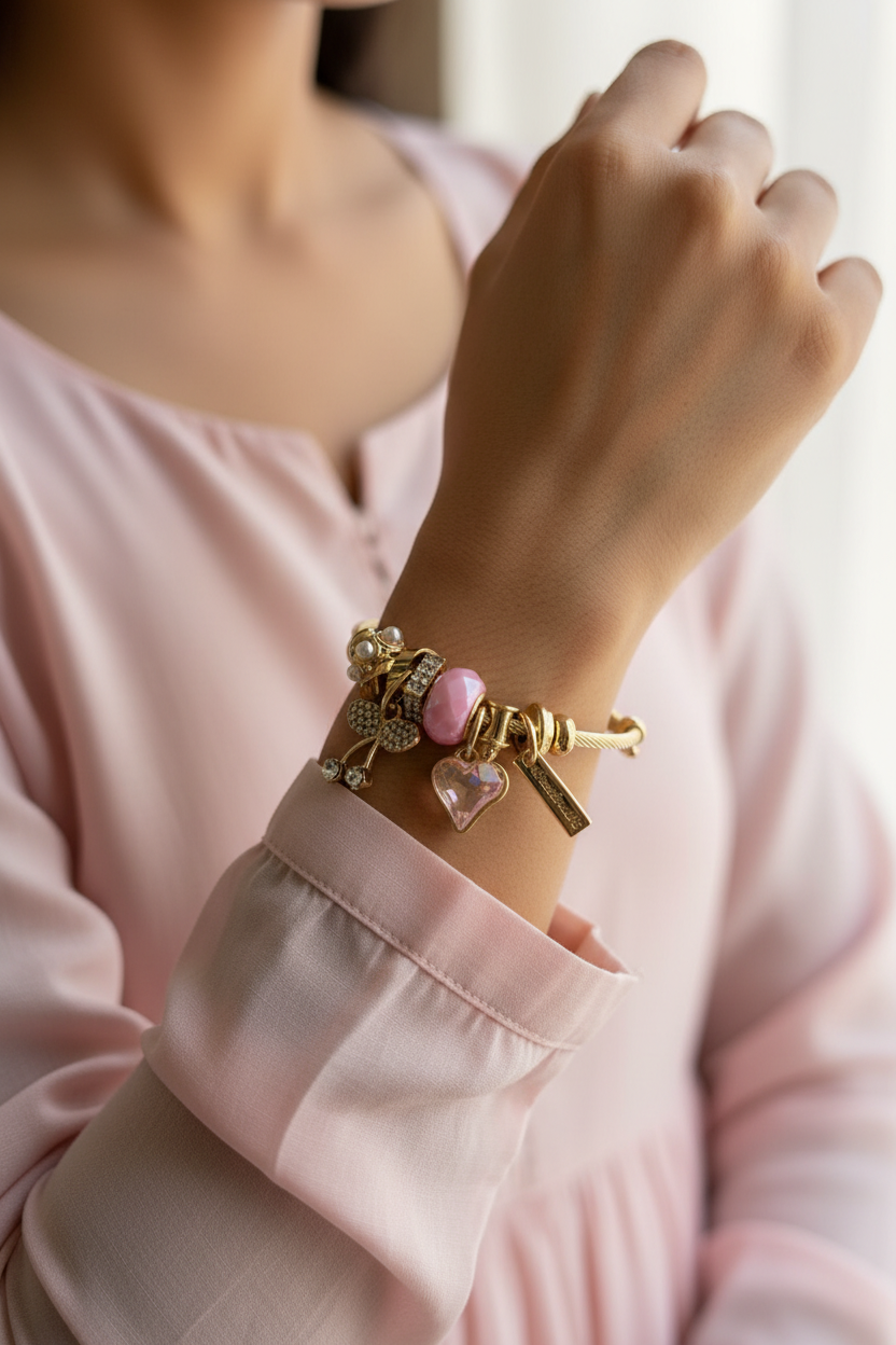 Rosé Charm Bracelet close-up — gold bracelet India — SIOBHÁN