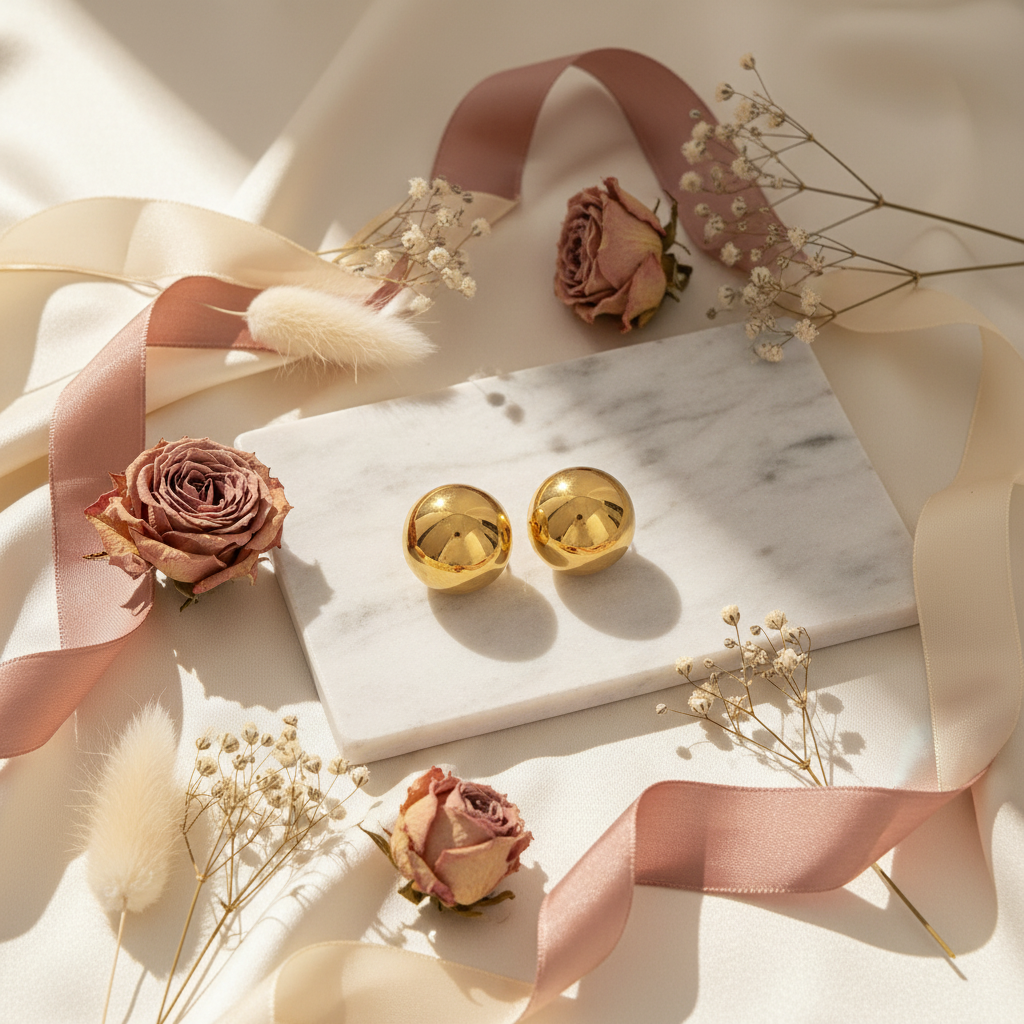Gold Dome Stud Earrings classic aesthetic styled environment — waterproof gold earrings India — SIOBHÁN