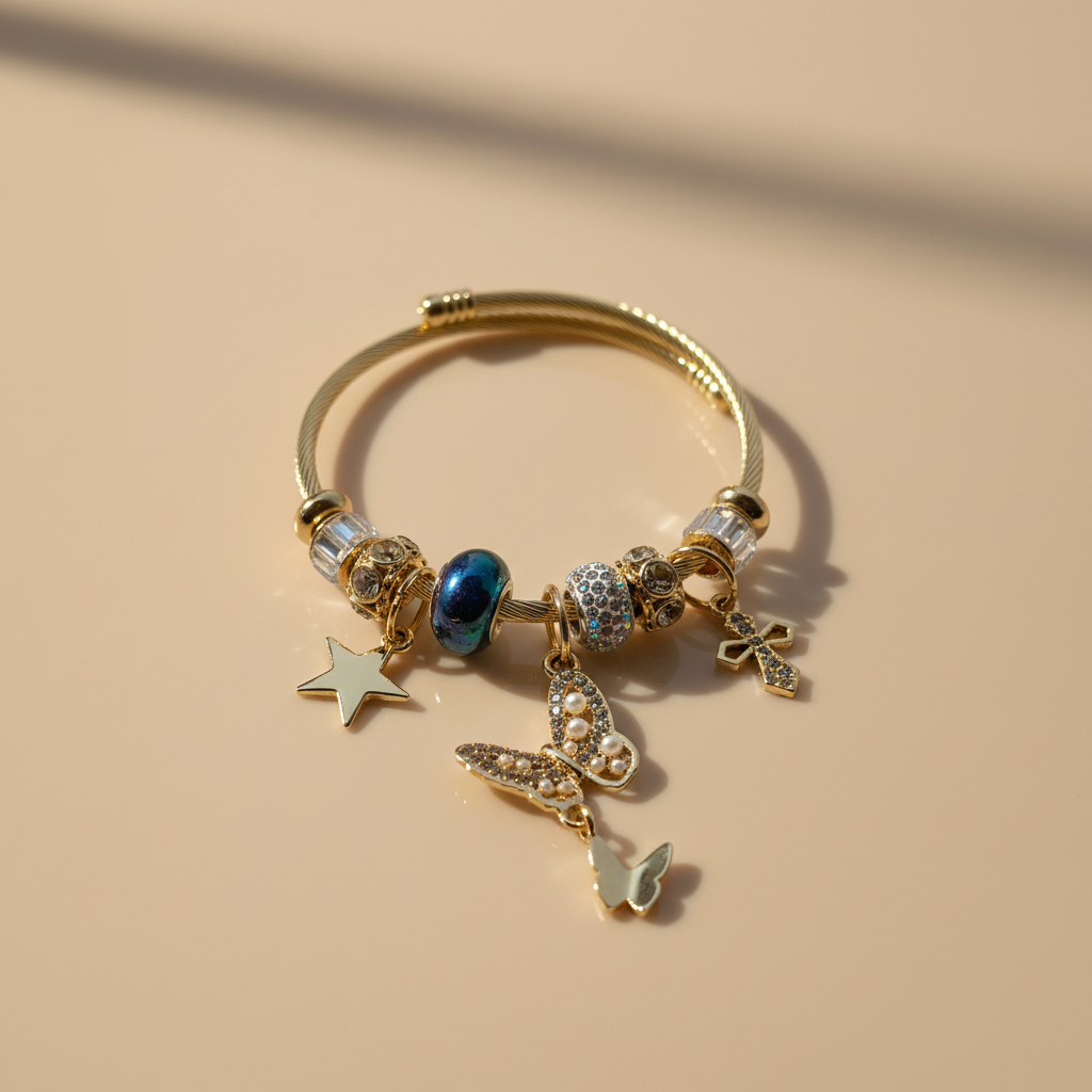 Celeste Butterfly Charm Bracelet clean beige background studio shot — waterproof charm bracelet India — SIOBHÁN