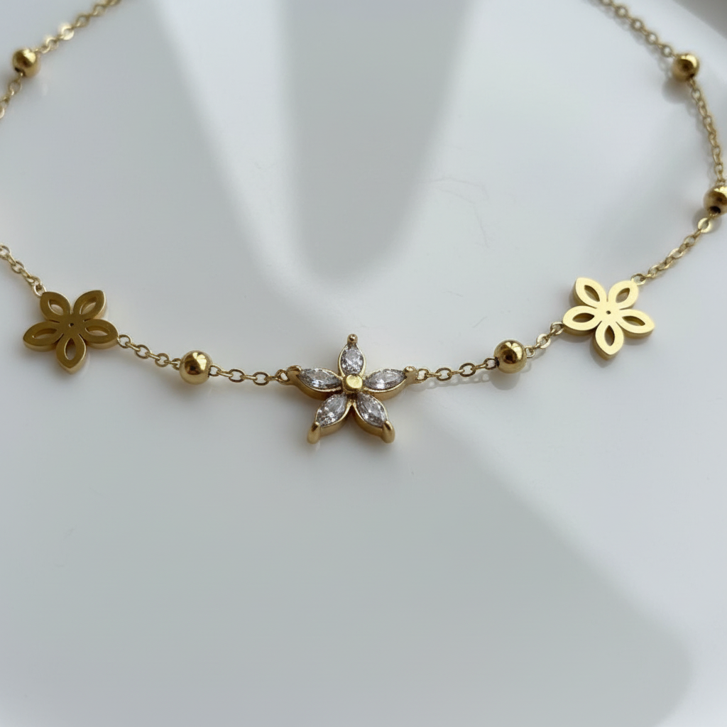 Gold Floral Diamond Bracelet close-up section — anti-tarnish gold bracelet India — SIOBHÁN