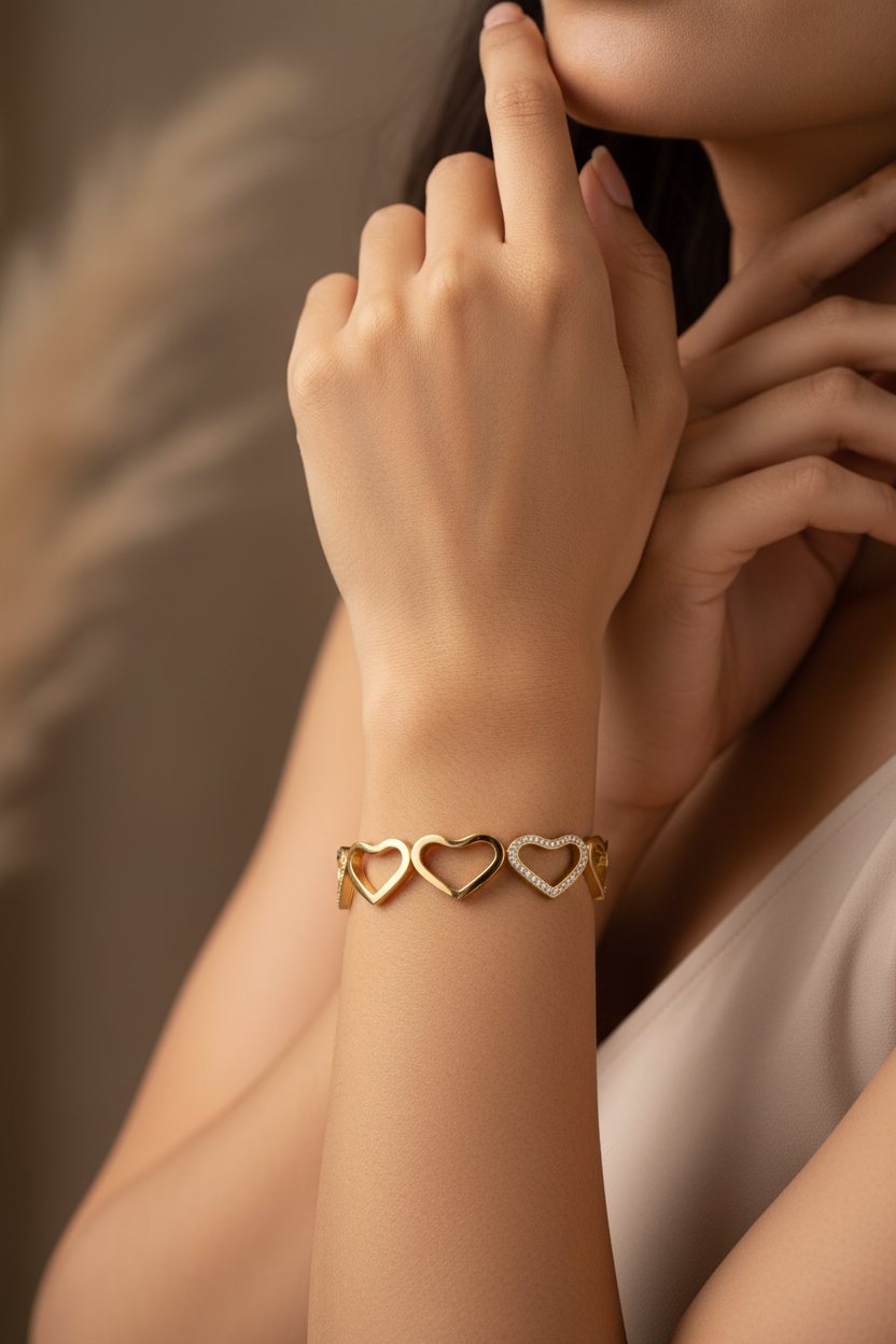 Eternal Hearts Crystal Bangle wrist close-up — skin-safe gold bangle India — SIOBHÁN