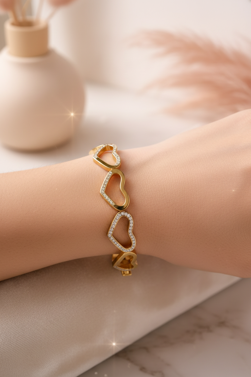 Eternal Hearts Crystal Bangle close-up bracelet shot — waterproof gold bangle India — SIOBHÁN