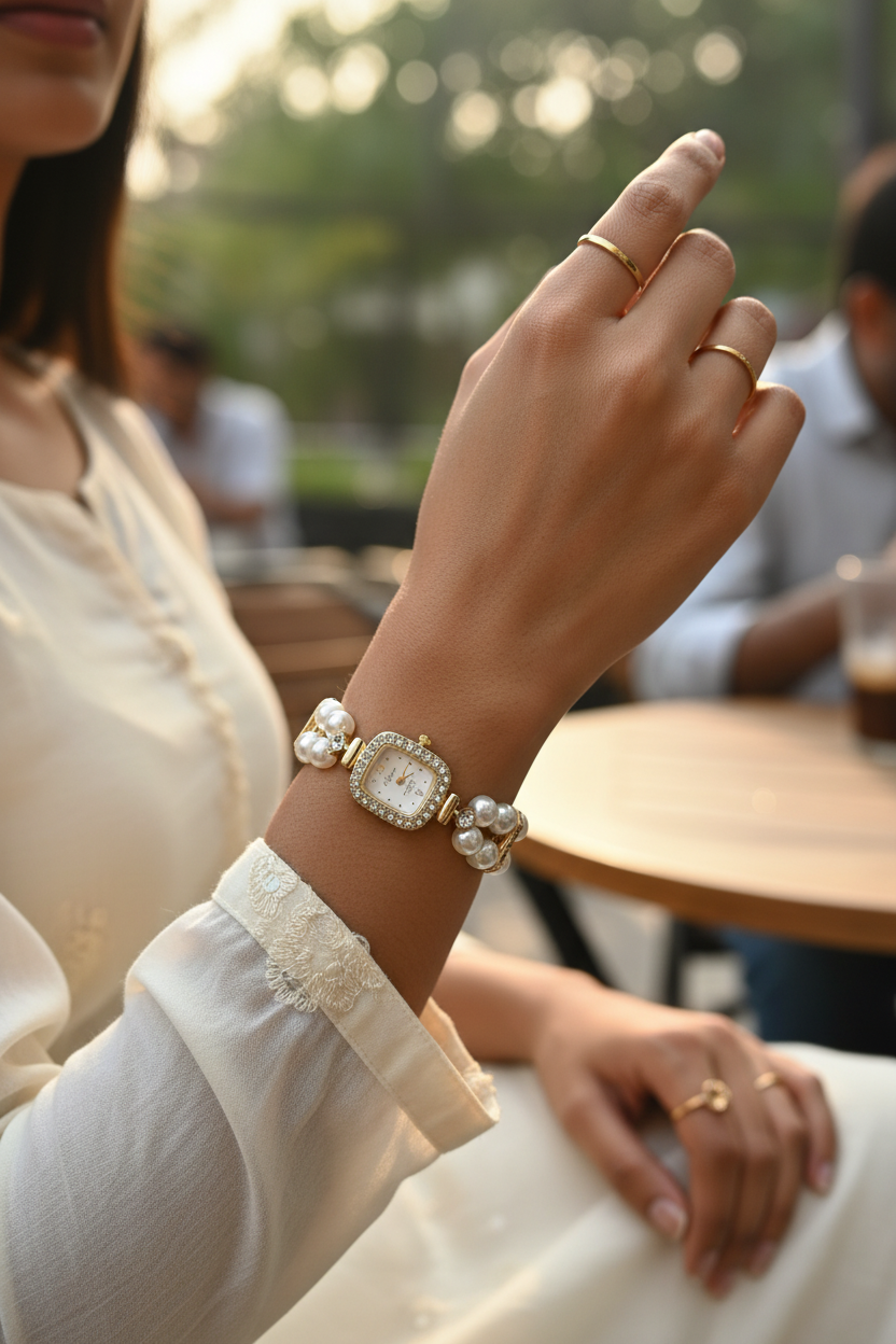 Pearl Elegance Bracelet Watch close-up casual chic style — anti-tarnish pearl watch India — SIOBHÁN