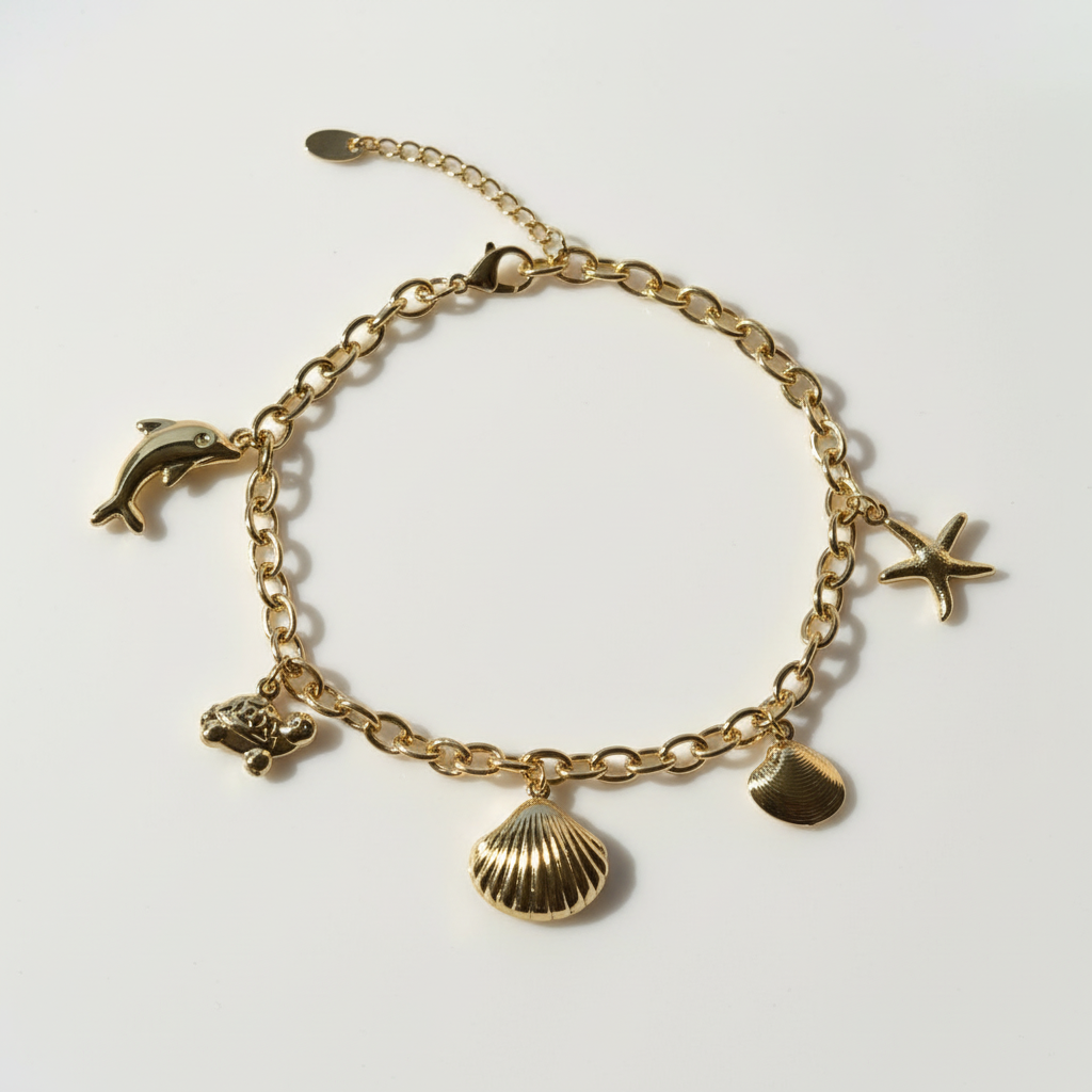 Ocean Charm Bracelet close-up detail shot — anti-tarnish waterproof gold bracelet India — SIOBHÁN