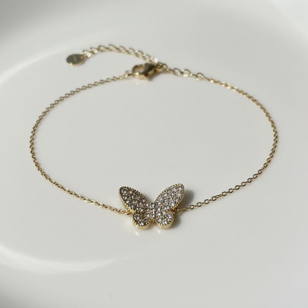 Crystal Butterfly Bracelet close-up detail shot — anti-tarnish gold bracelet India — SIOBHÁN