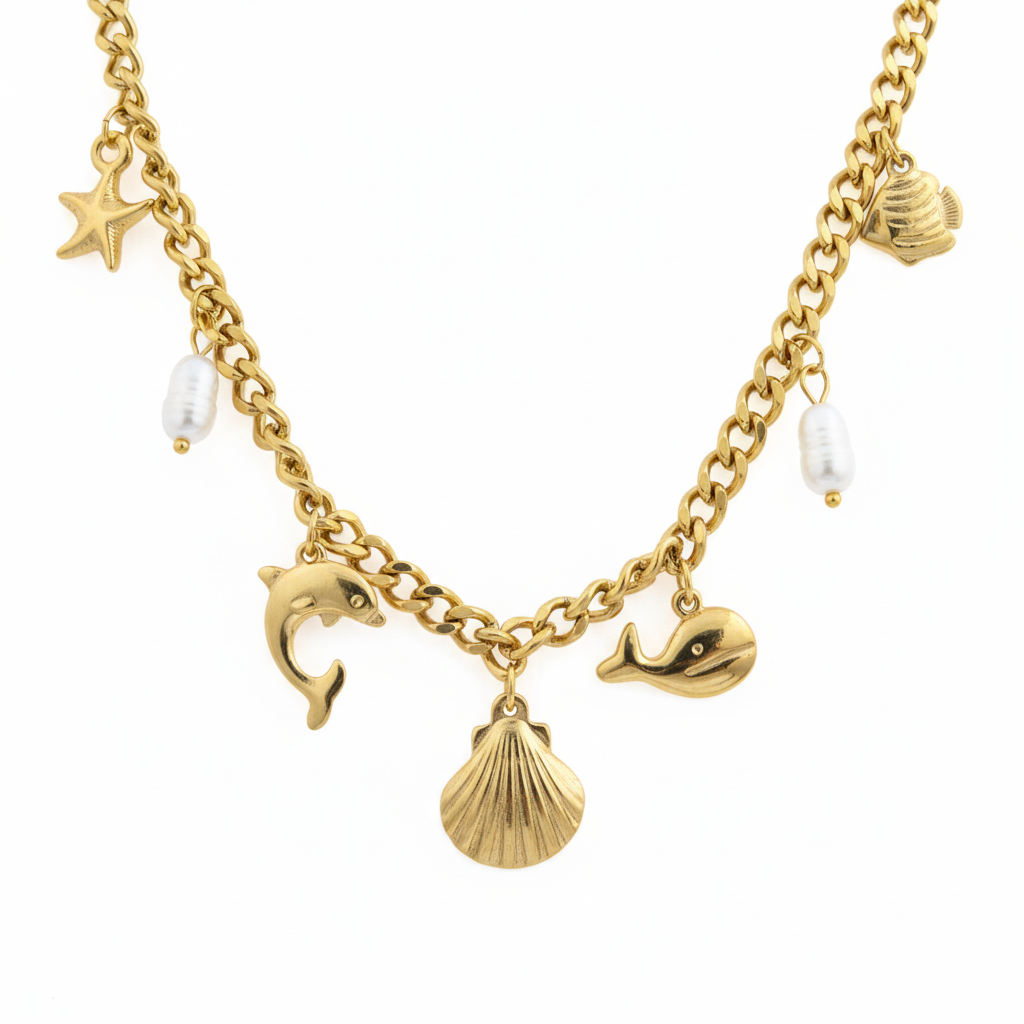 Ocean Luxe Charm Necklace close-up detail shot — anti-tarnish ocean necklace India — SIOBHÁN