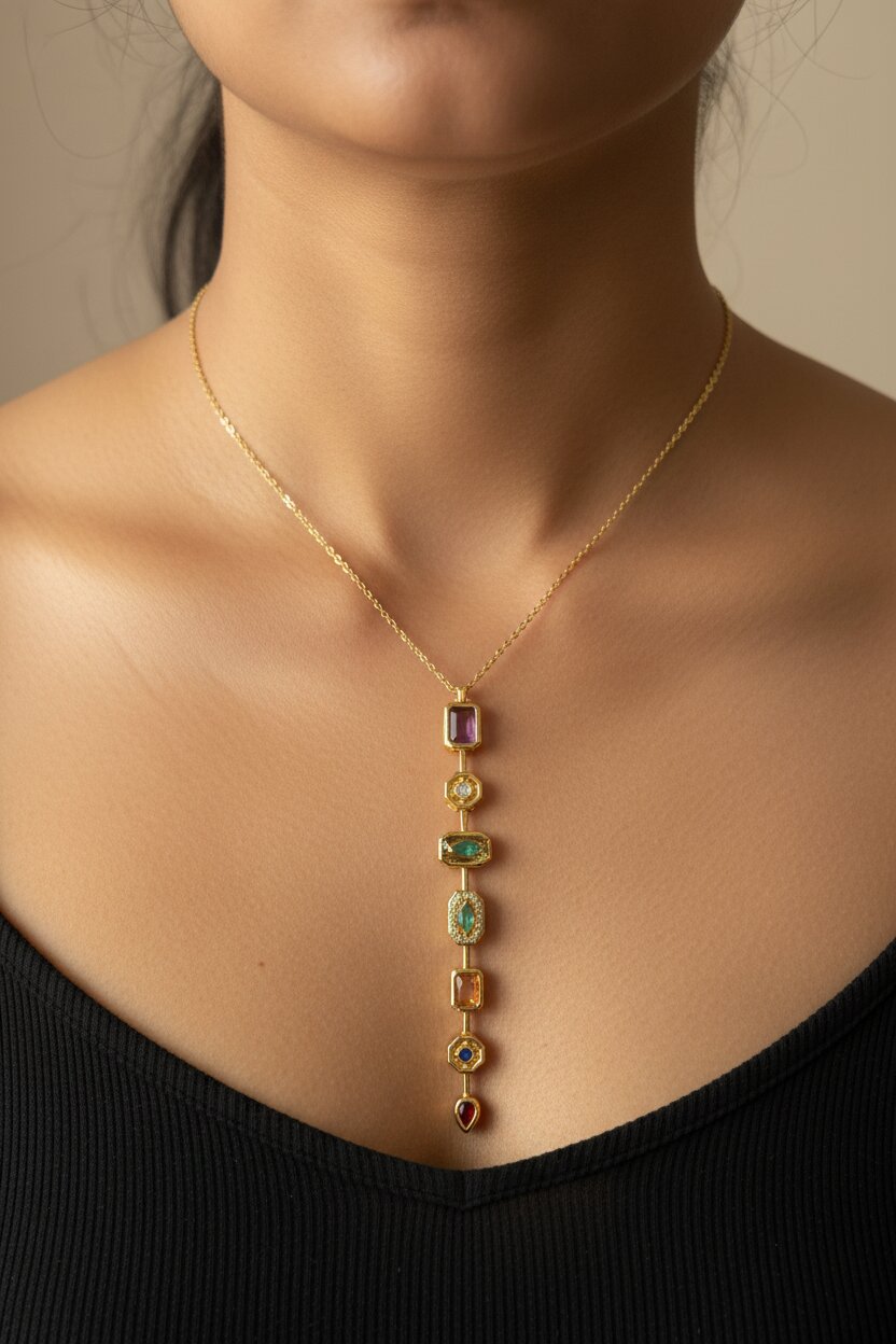 Multi-Gemstone Vertical Pendant Necklace close-up neck and pendant — waterproof necklace India — SIOBHÁN