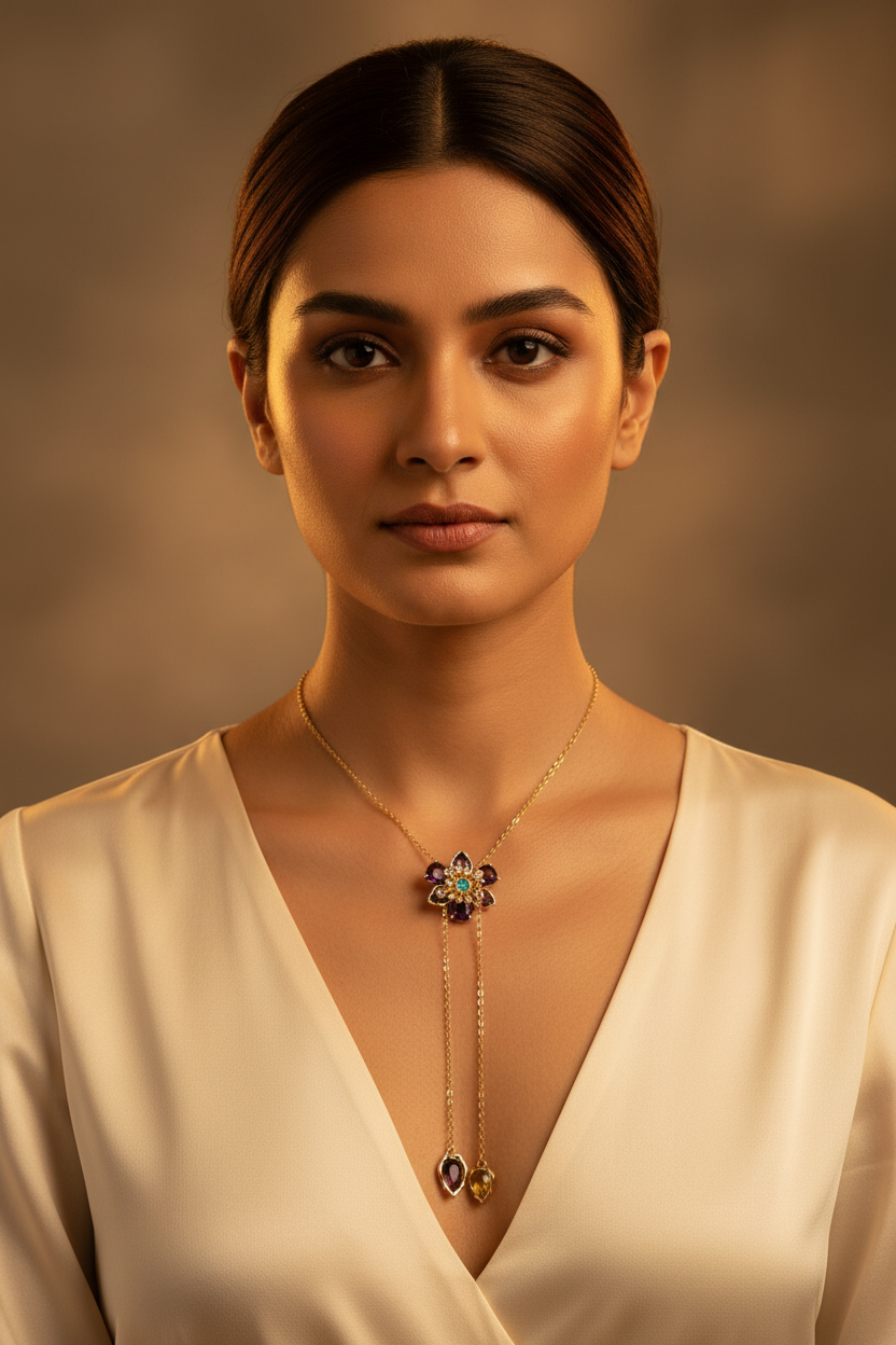 Close-up neckline portrait with Bohemian Crystal Flower Necklace — anti-tarnish bohemian necklace India — SIOBHÁN