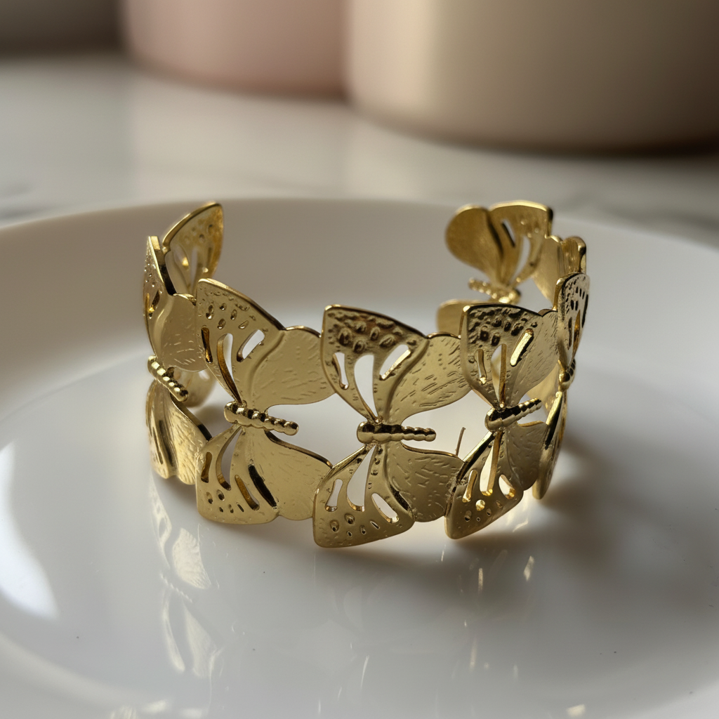 Close-up of Butterfly Filigree Cuff Bracelet — anti-tarnish gold cuff bracelet India — SIOBHÁN