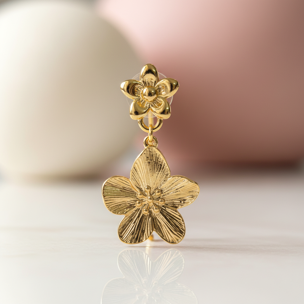 Golden Bloom Drop Earrings close-up gold double flower — anti-tarnish gold earrings India — SIOBHÁN
