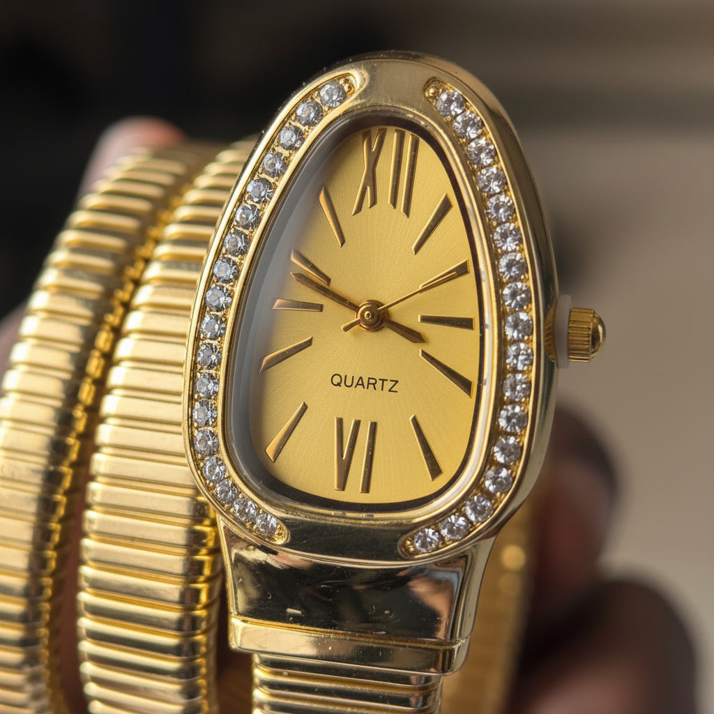 Luxe Gold Serpent Wrap Watch close-up dial — anti-tarnish gold watch India — SIOBHÁN