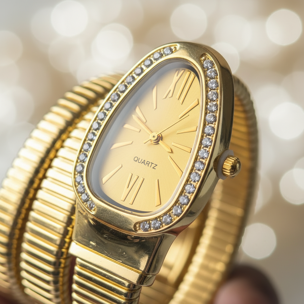 Luxe Gold Serpent Wrap Watch close-up serpent detail — anti-tarnish serpent watch India — SIOBHÁN