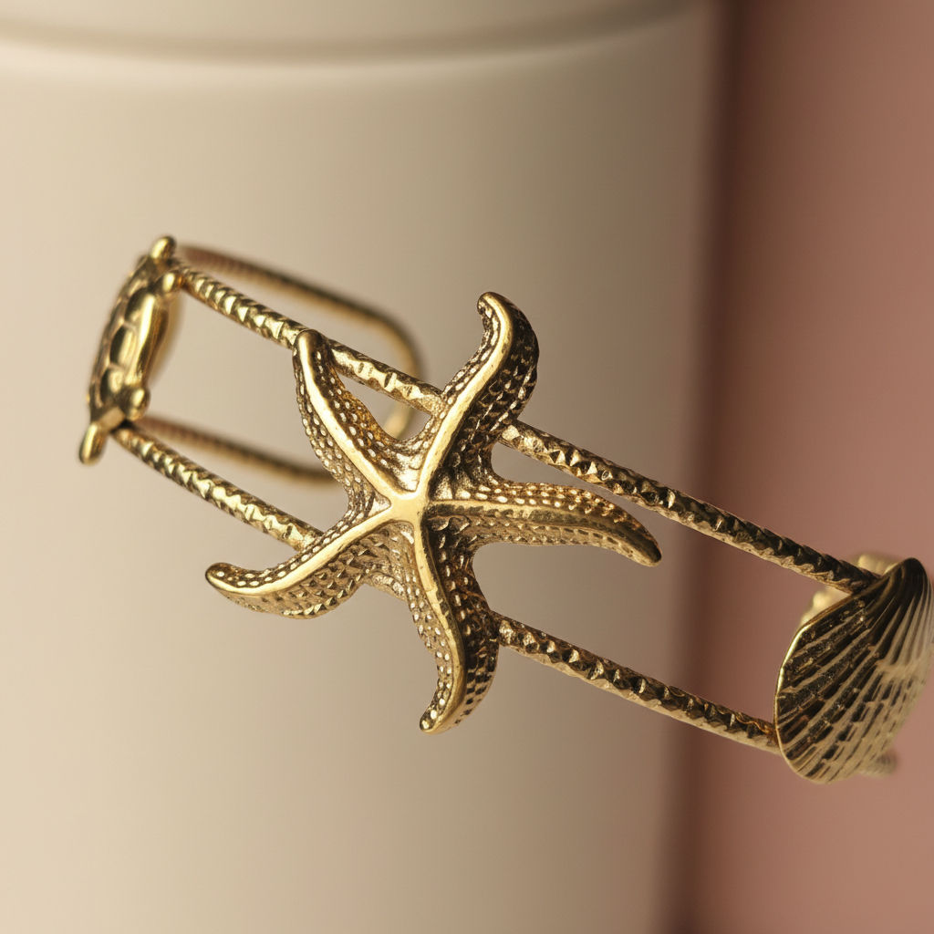 Ocean Muse Gold Cuff Bracelet close-up of gold starfish cuff — anti-tarnish gold cuff bracelet India — SIOBHÁN