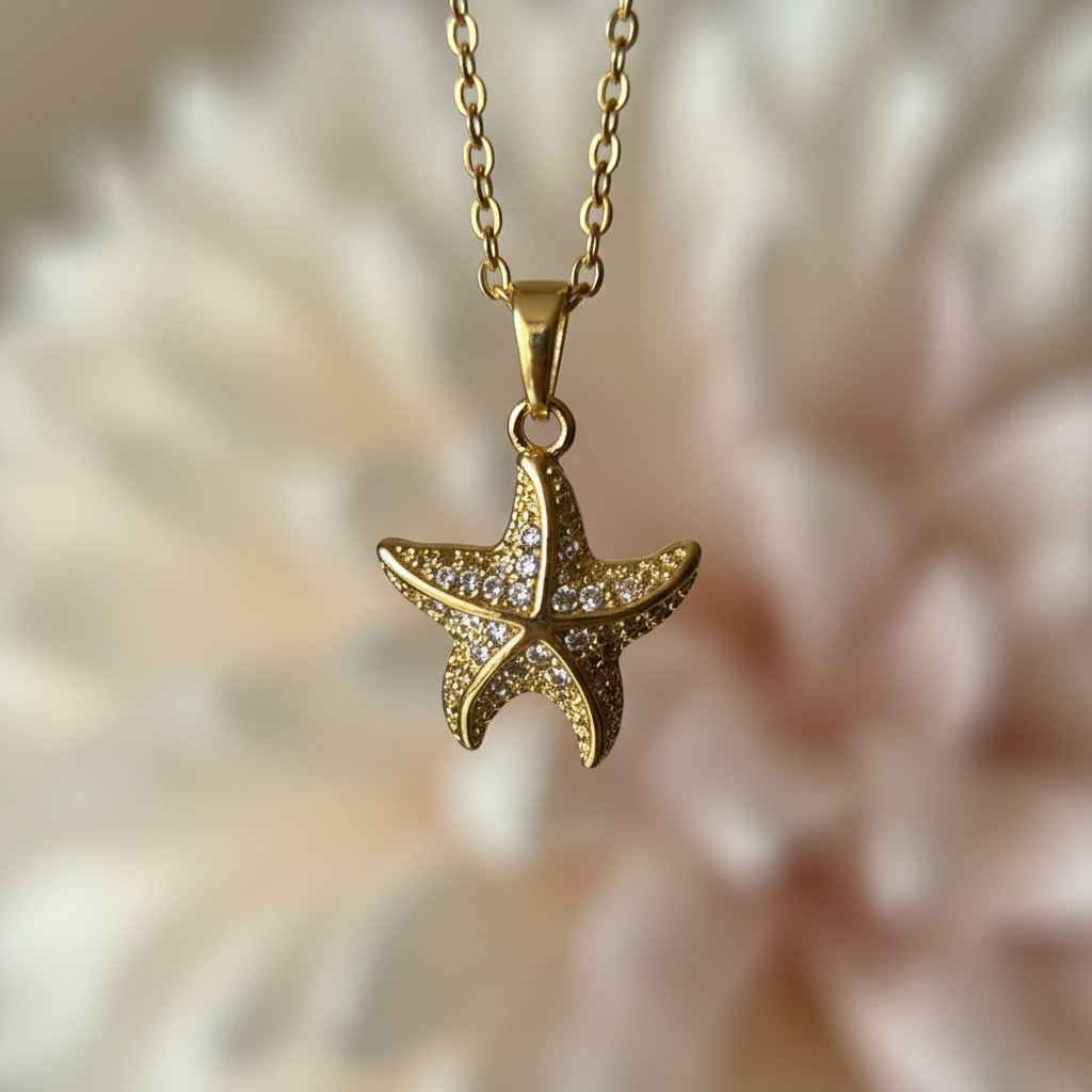 Gold Starfish Pendant Necklace close-up — anti-tarnish gold necklace India — SIOBHÁN