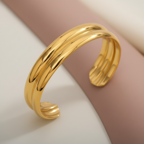 Double Layer Cambered Cuff Bracelet close-up triple band — anti-tarnish gold cuff bracelet India — SIOBHÁN