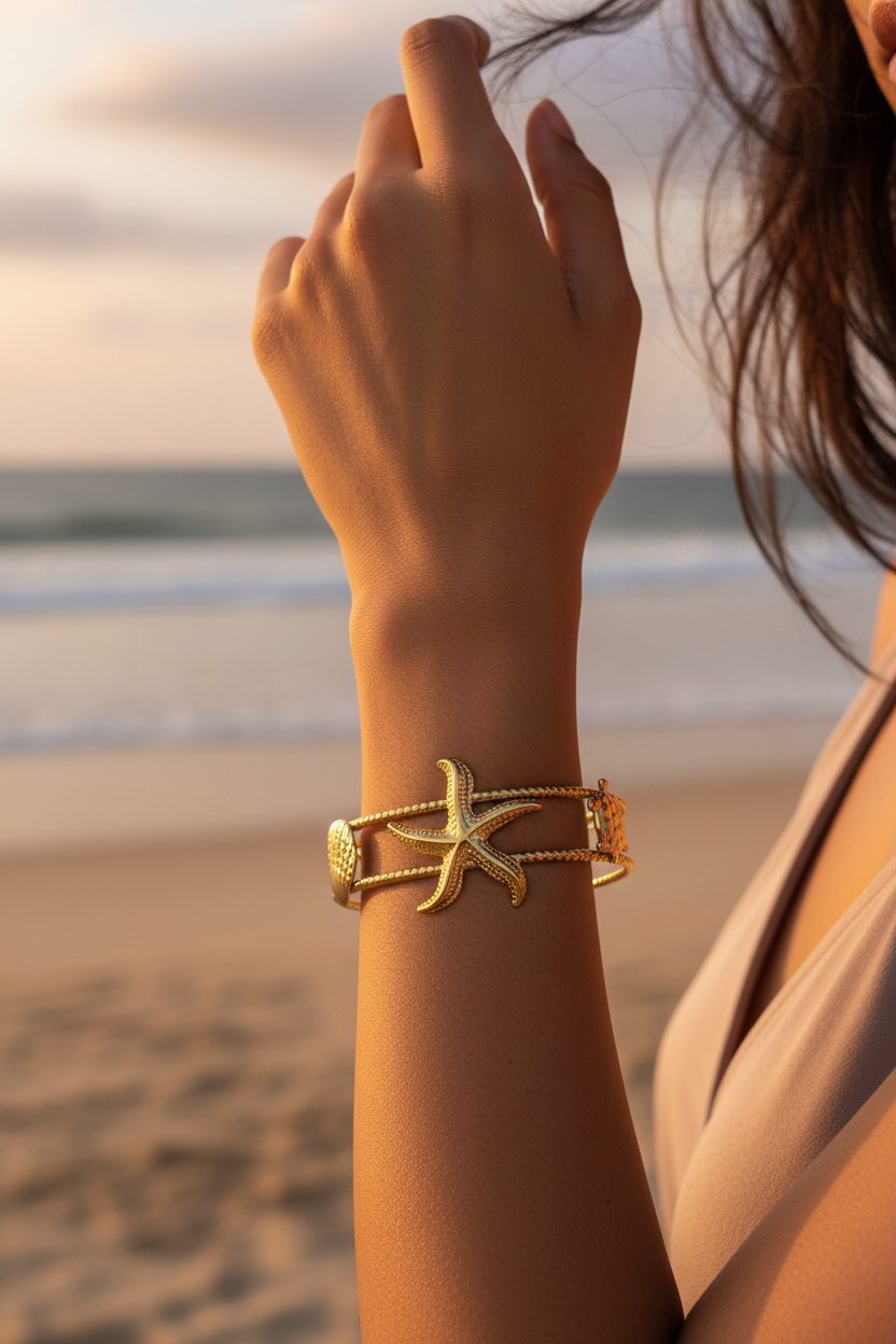 Model wearing Ocean Muse Gold Cuff Bracelet on beach — anti-tarnish beach bracelet India — SIOBHÁN