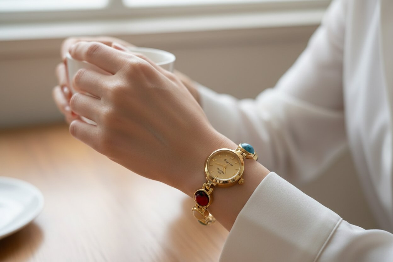Close-up of model wearing Vintage High-end Colorful Bracelet Watch — anti-tarnish watch India — SIOBHÁN
