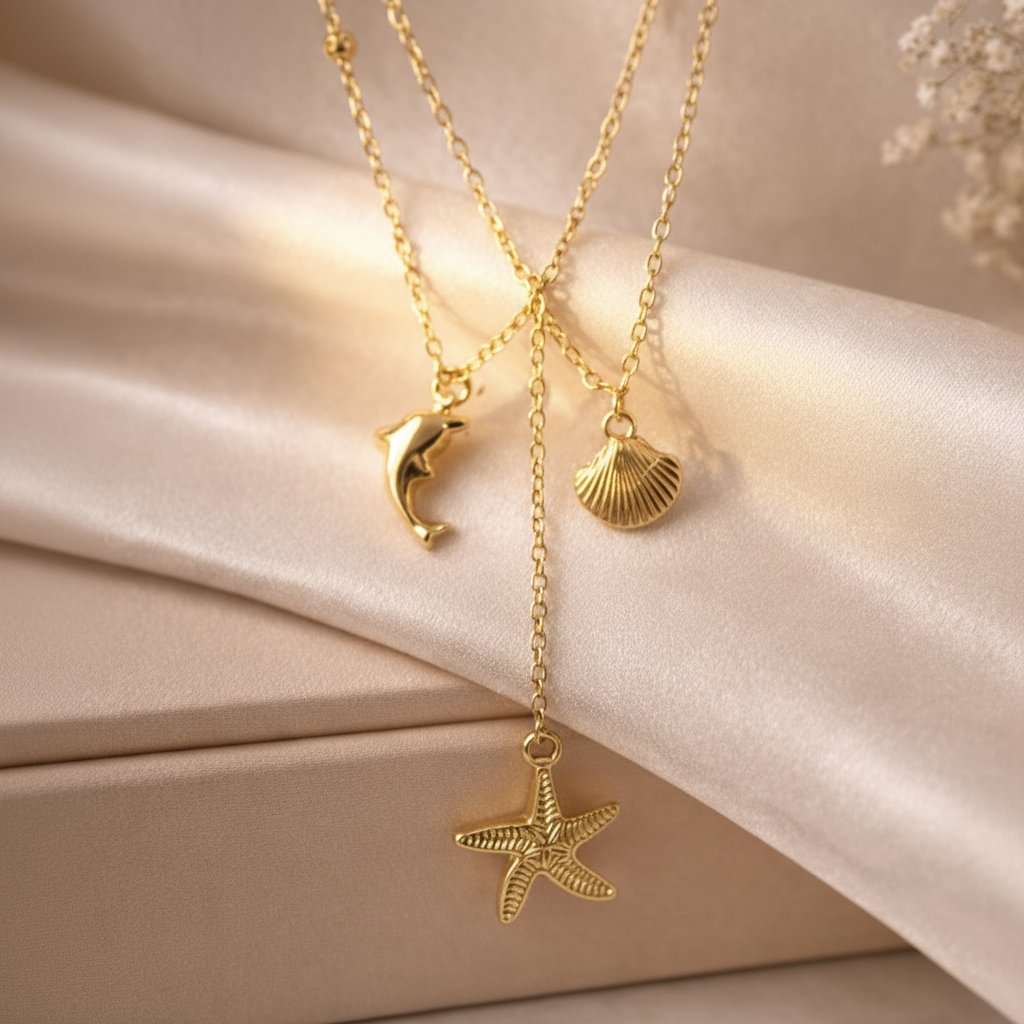 Mermaid Layered Necklace close-up ocean charm — anti-tarnish gold necklace India — SIOBHÁN
