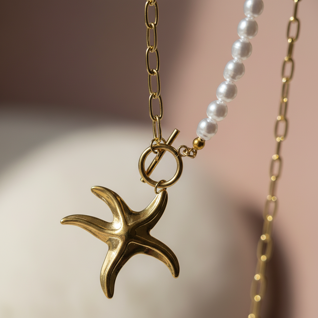Ocean Star Pearl Chain Necklace close-up product shot — anti-tarnish pearl necklace India — SIOBHÁN