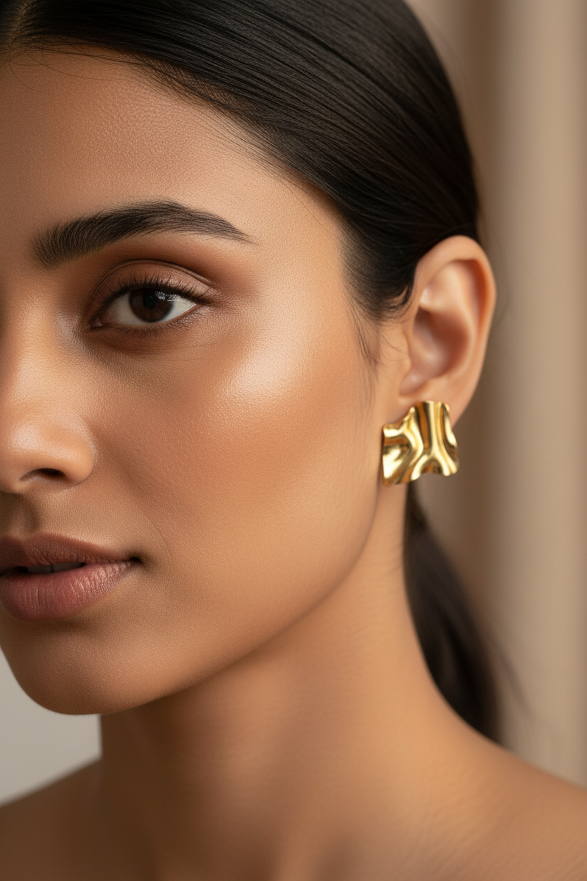 Close-up portrait with Molten Gold Stud Earrings — waterproof gold earrings India — SIOBHÁN