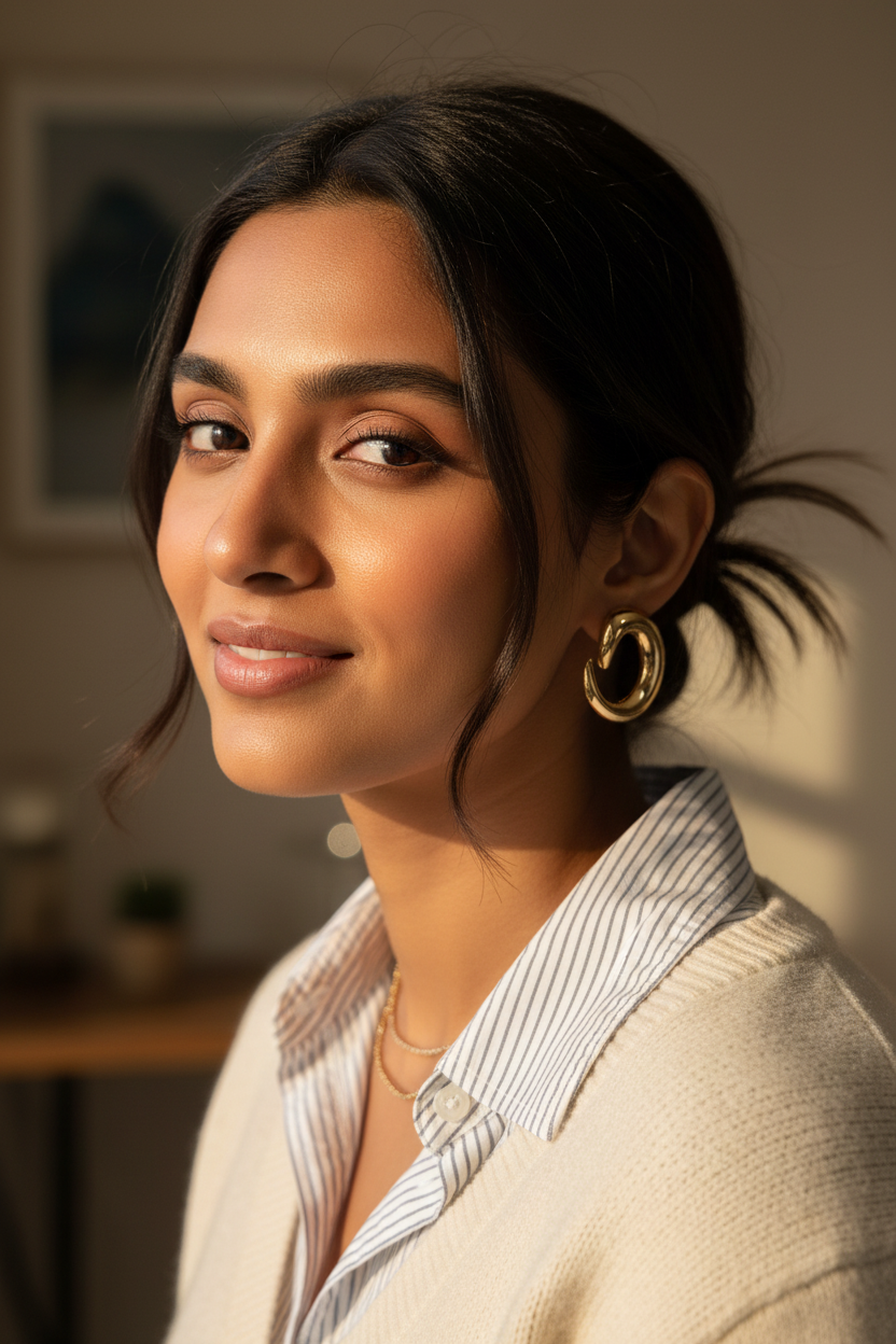 Close-up portrait with Aurora Crescent Hoops — anti-tarnish crescent earrings India — SIOBHÁN