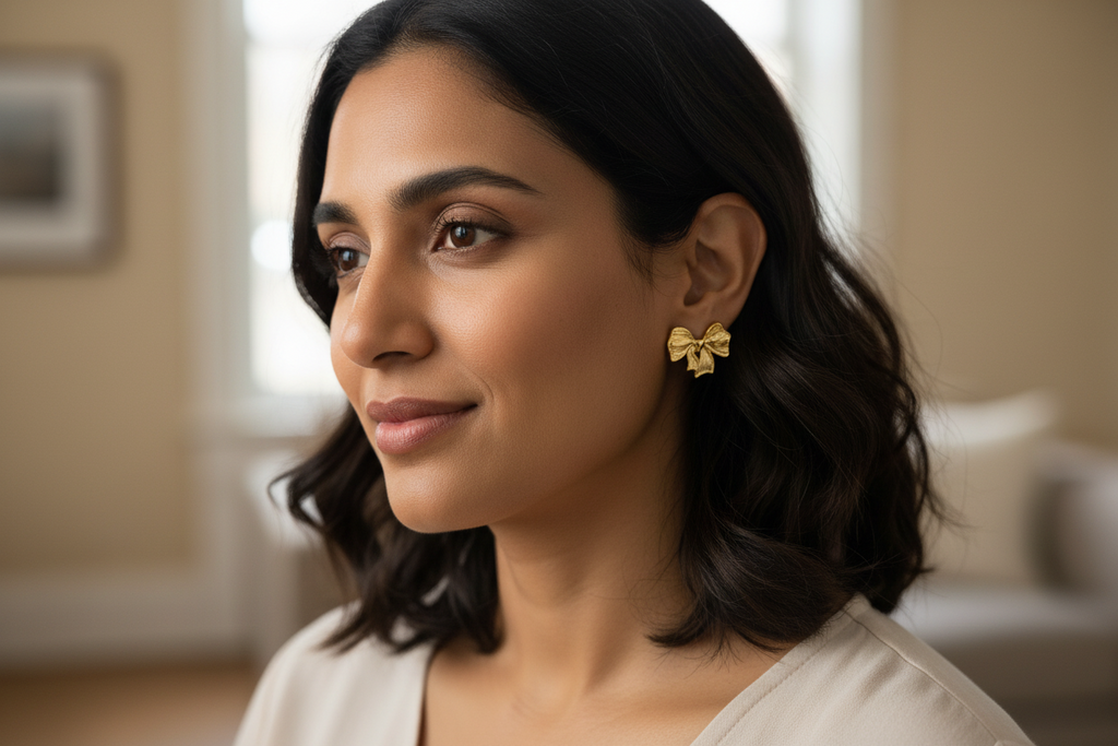 Bow Knot Earrings close-up portrait — skin-safe gold earrings India — SIOBHÁN