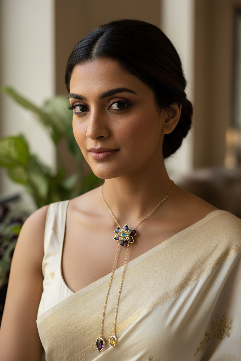 Bohemian Crystal Flower Necklace high placement close-up — skin-safe gold necklace India — SIOBHÁN