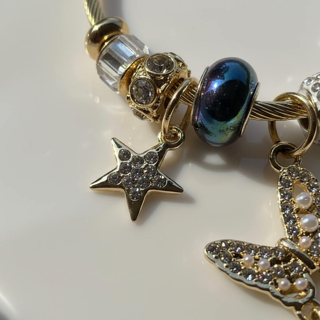 Celeste Butterfly Charm Bracelet close-up star and cross charms — anti-tarnish butterfly bracelet India — SIOBHÁN