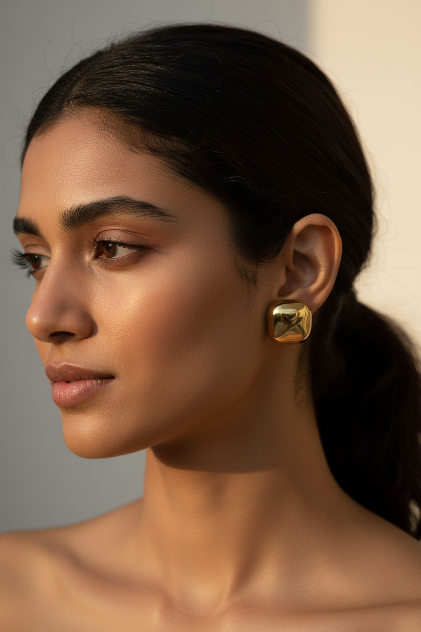 Gold Dome Studs close-up three quarter angle — waterproof gold studs India — SIOBHÁN