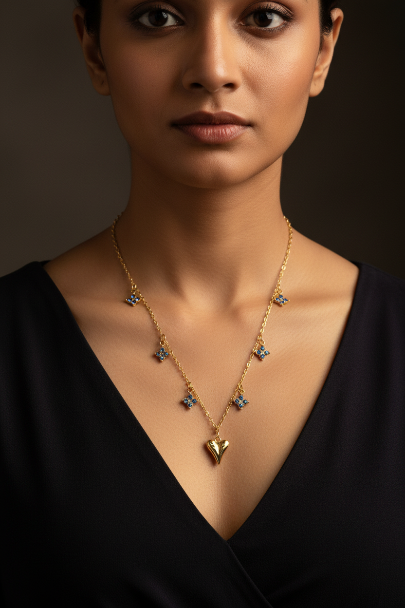 Midnight Clover Heart Charm Necklace close-up with blue flowers — waterproof charm necklace India — SIOBHÁN