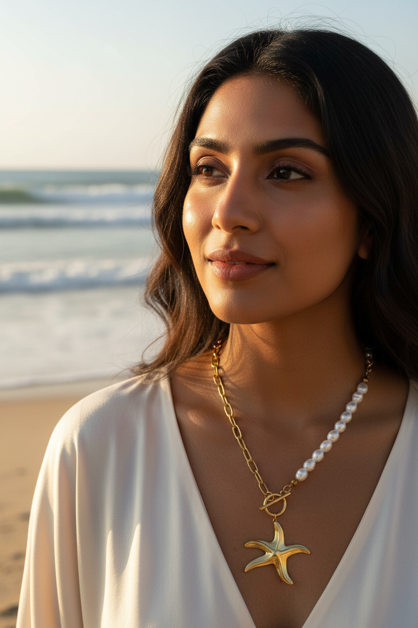 Ocean Star Pearl Chain Necklace close-up with ocean waves — waterproof necklace India — SIOBHÁN