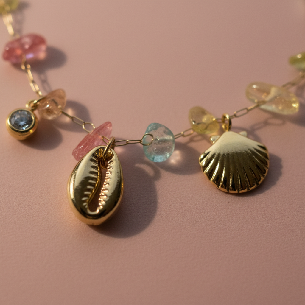Coastal Gemstone Charm Bracelet closeup shell charms — anti-tarnish gold bracelet India — SIOBHÁN