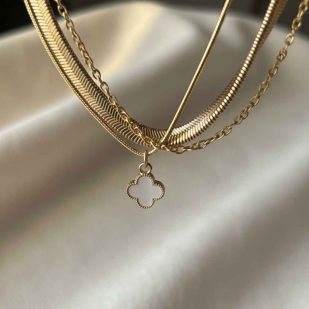 Gold Layered Clover Charm Necklace Set close-up — gold necklace India — SIOBHÁN
