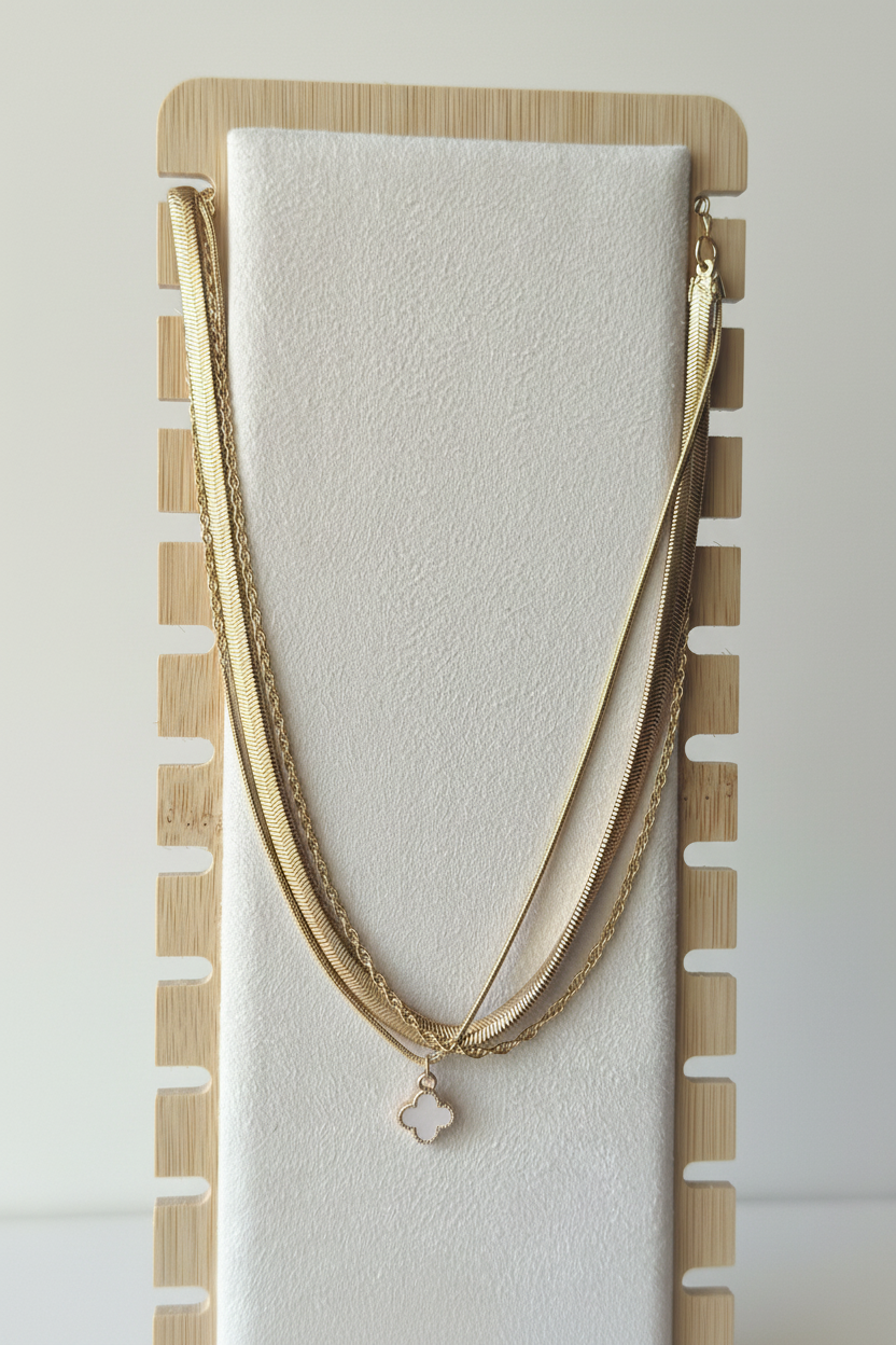 Gold Layered Clover Charm Necklace Set on model — gold necklace India — SIOBHÁN