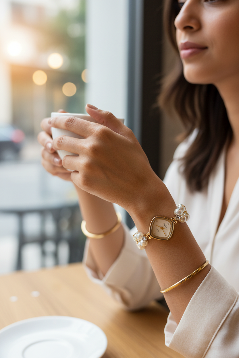 Pearl Luxe Watch coffee shop lifestyle — skin-safe gold watch India — SIOBHÁN