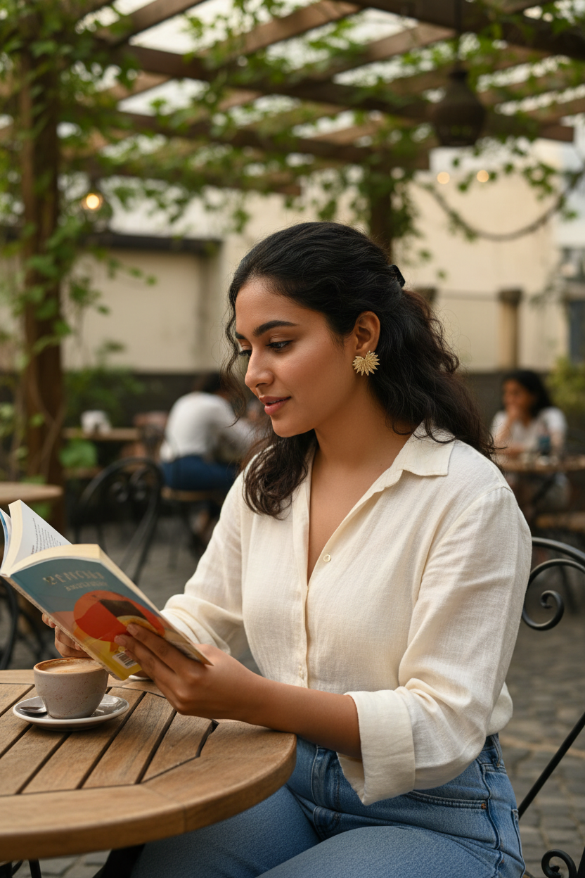 Golden Palm Leaf Stud daily life relaxed setting — skin-safe gold earrings India — SIOBHÁN