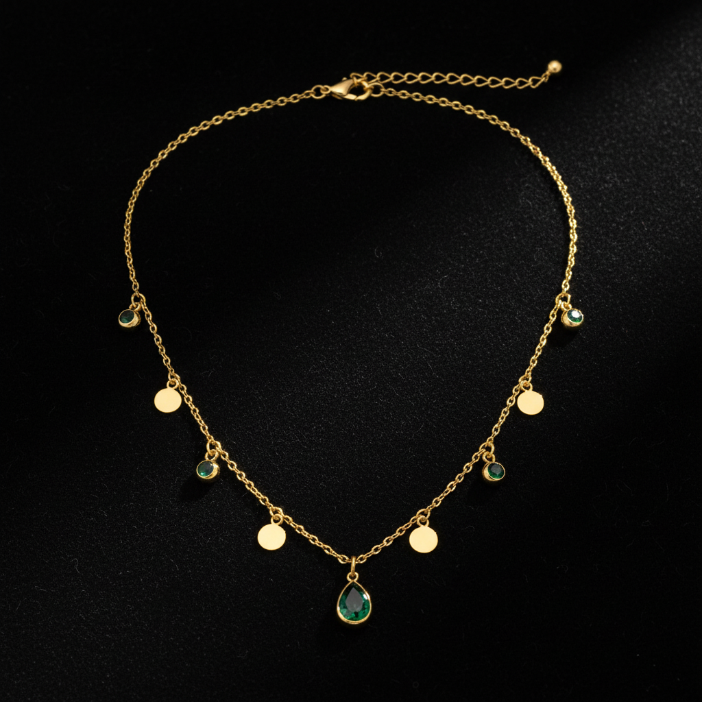 Emerald Drop Charm Necklace dark background full necklace — waterproof emerald necklace India — SIOBHÁN