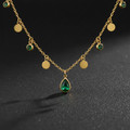 Emerald Drop Charm Necklace dark background pendant close-up — anti-tarnish gold necklace India — SIOBHÁN