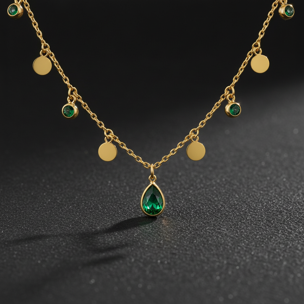 Emerald Drop Charm Necklace dark background pendant close-up — anti-tarnish gold necklace India — SIOBHÁN