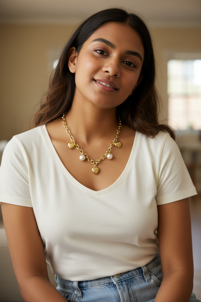 Golden Heart & Pearl Charm Necklace denim close-up everyday wear — waterproof necklace India — SIOBHÁN