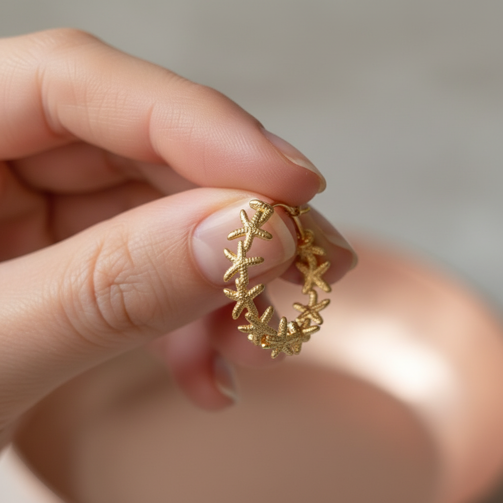 Starfish Hoop Earrings detail shot in hand — anti-tarnish gold earrings India — SIOBHÁN