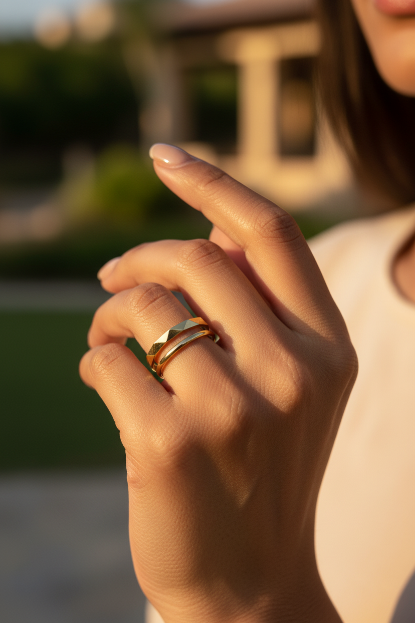 Diamond-Cut Faceted Double Band Ring