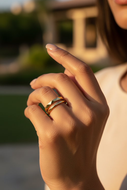 Diamond-Cut Faceted Double Band Ring
