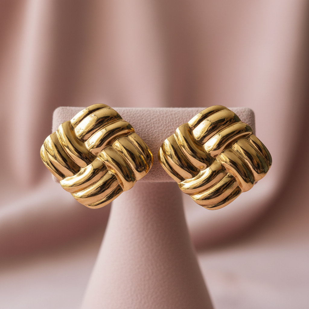 Vintage Knot Gold Earrings on dusty rose background — anti-tarnish gold earrings India — SIOBHÁN